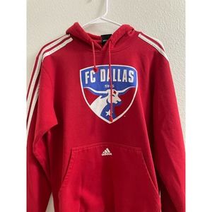 Fc Dallas Red ADIDAS Y2K 2000s MLS SOCCER Hoodie Hooded Stripes Big Logo Small